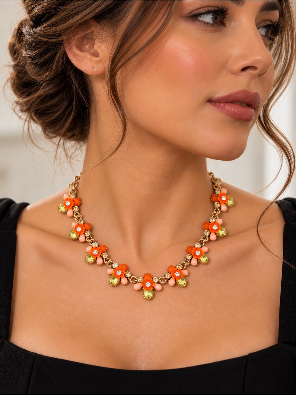 Fashion Jewelry Orange & Lime Floral Crystal Necklace